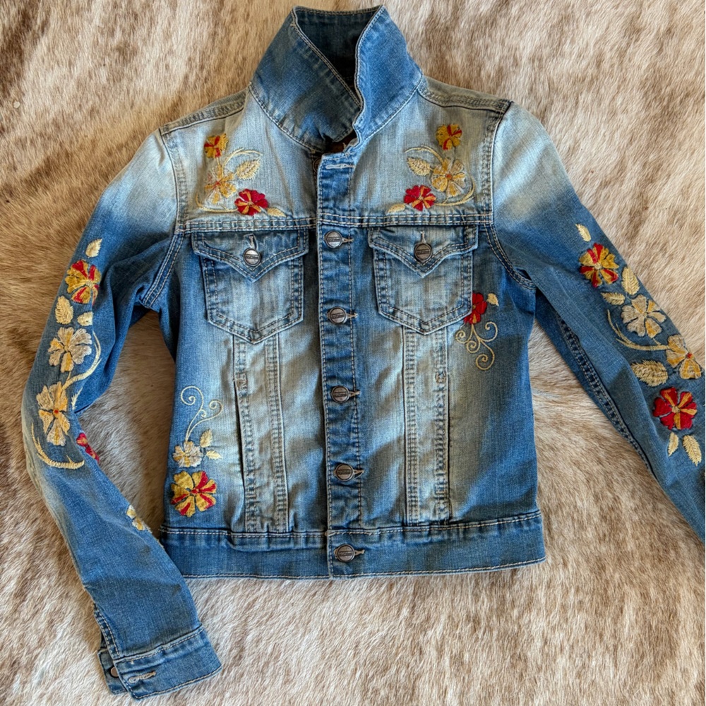 Embroidered Denim Jacket with Floral Design